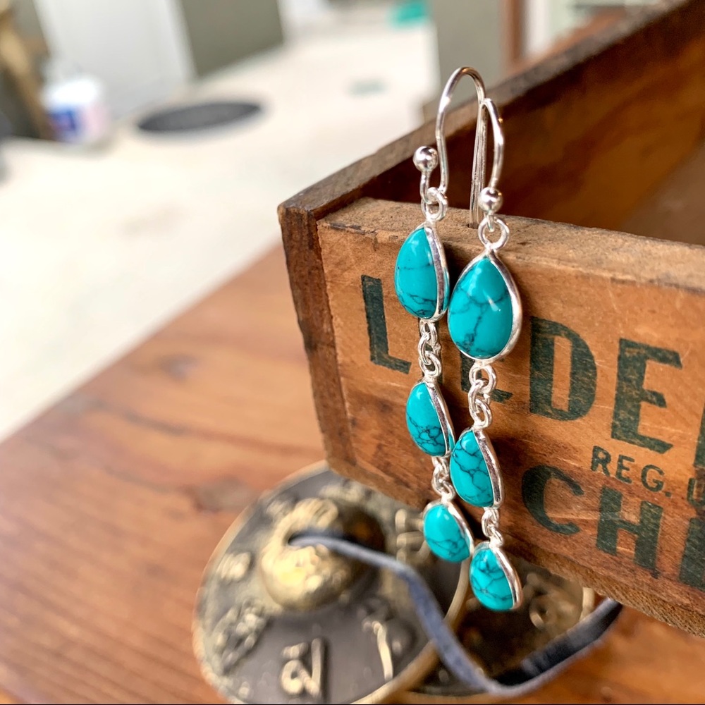 ✨TURQUOISE + STERLING 3-STONE DROP EARRINGS - Picture 3 of 8